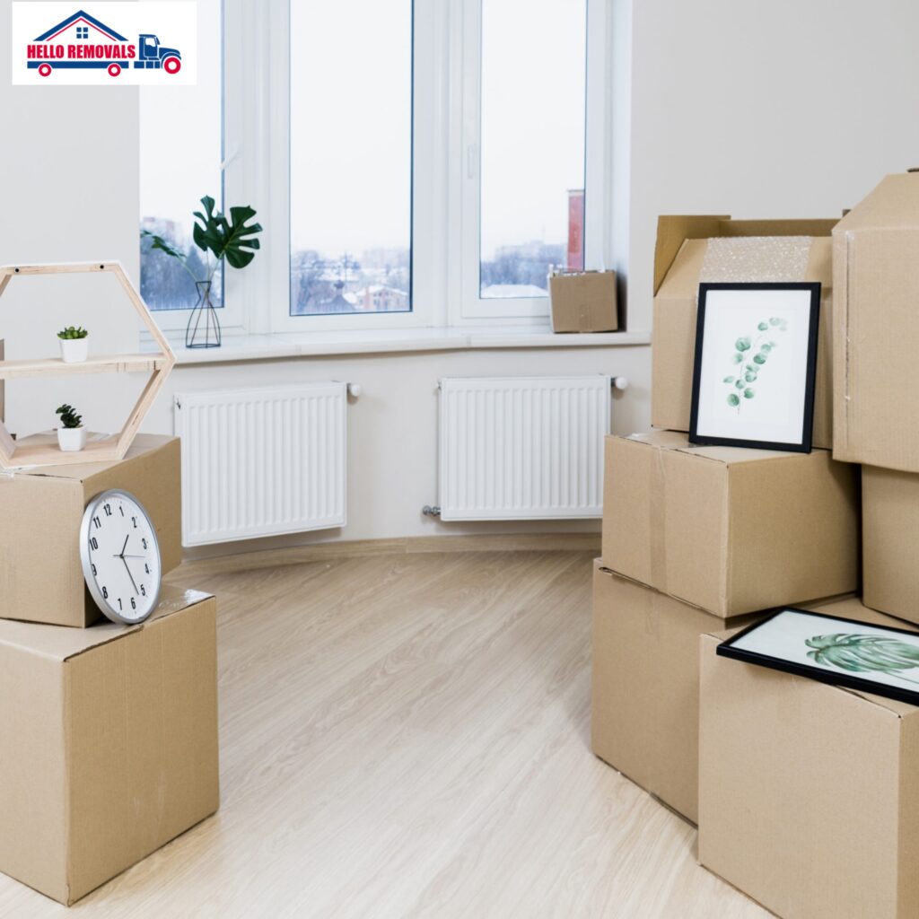 Packed moving boxes inside a modern home, representing professional house removal services by Hello Removals.