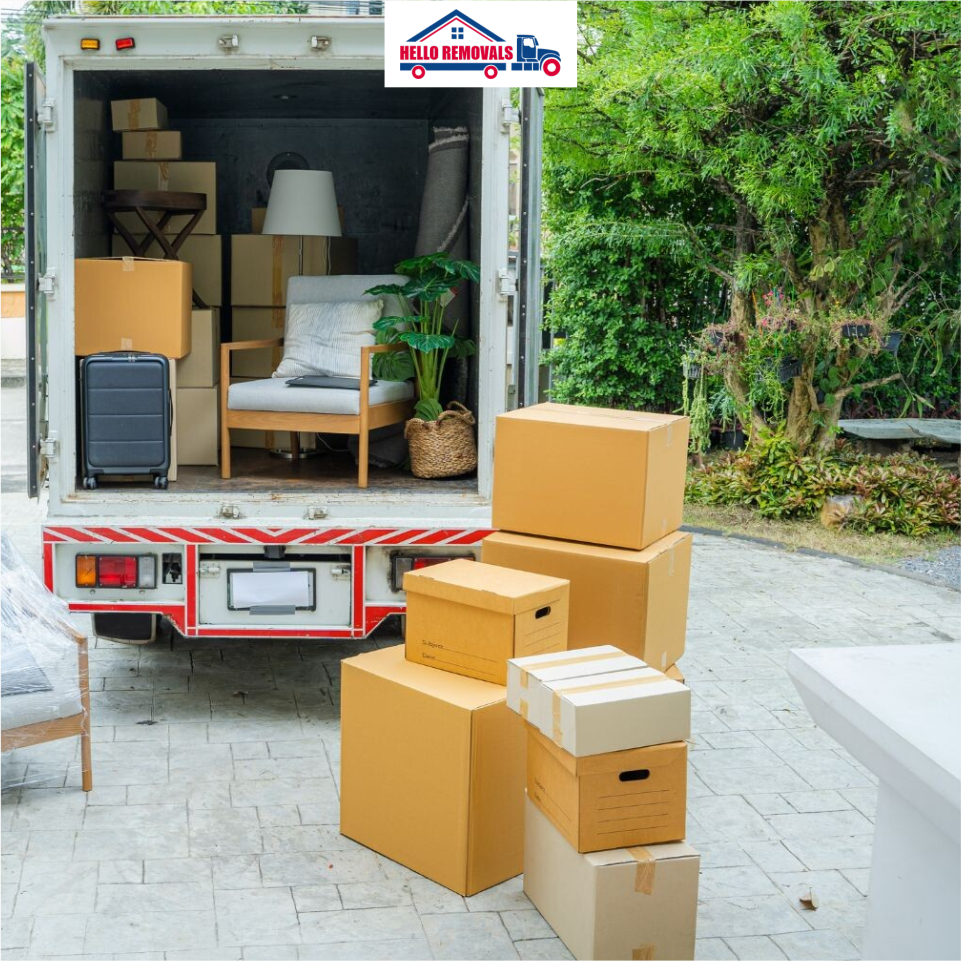 Moving truck loaded with boxes and furniture for Hello Removals.
