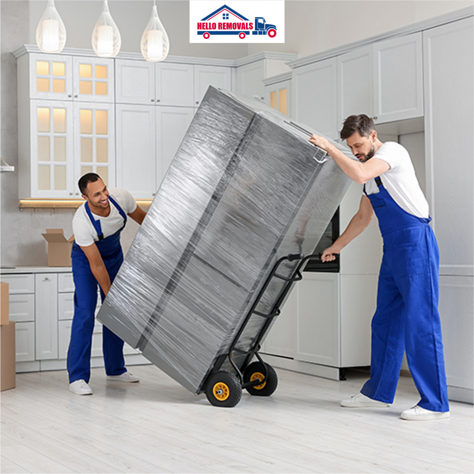 Hello Removals team safely moving a refrigerator during home relocation