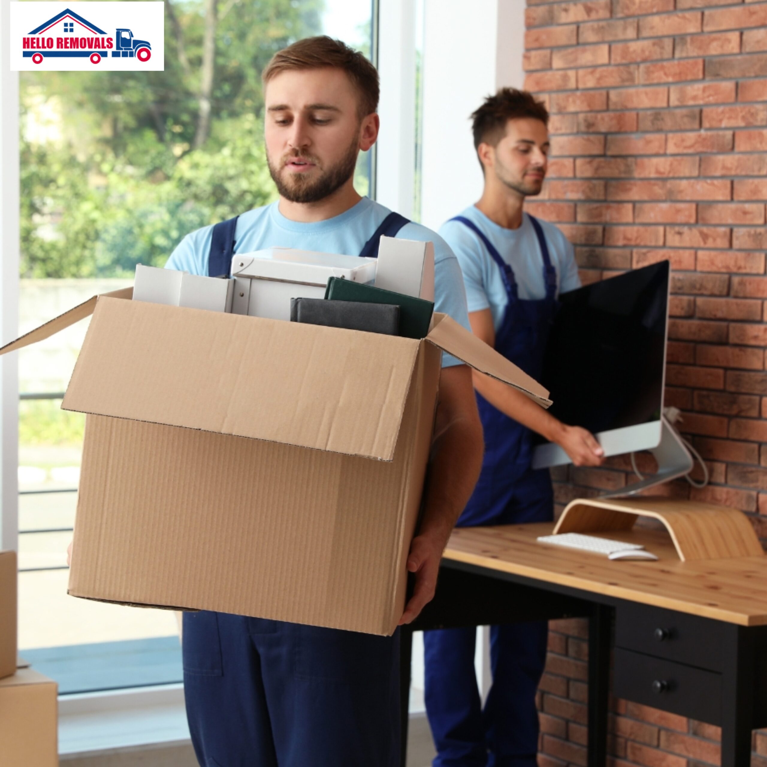 Hello Removals team carrying boxes and office equipment during a move.