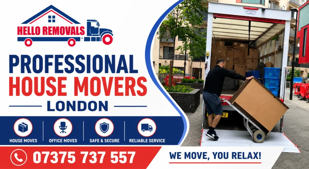 Professional house movers in London loading furniture into a removal truck for a safe and reliable home relocation service.
