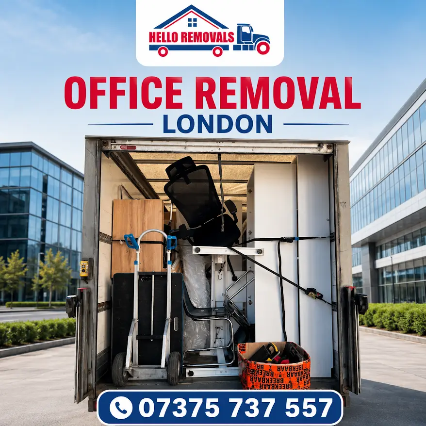 Hello Removals office removal truck loaded with office furniture for professional London relocation.