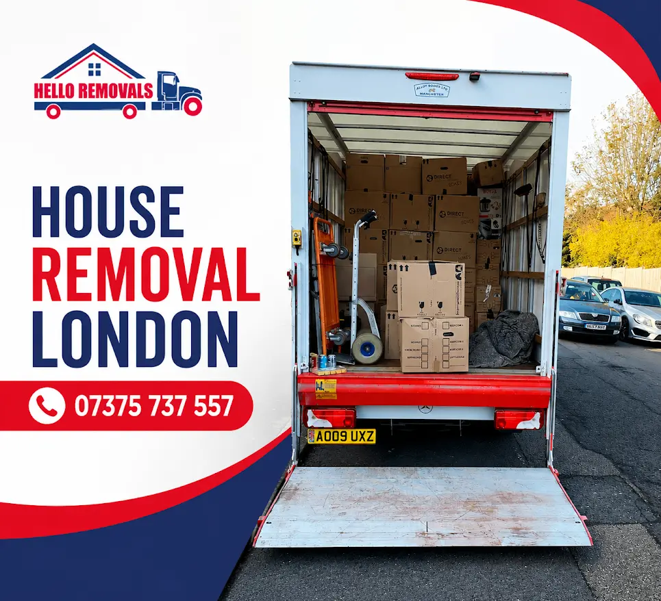 Hello Removals truck loaded with moving boxes for secure house removal service across London homes.