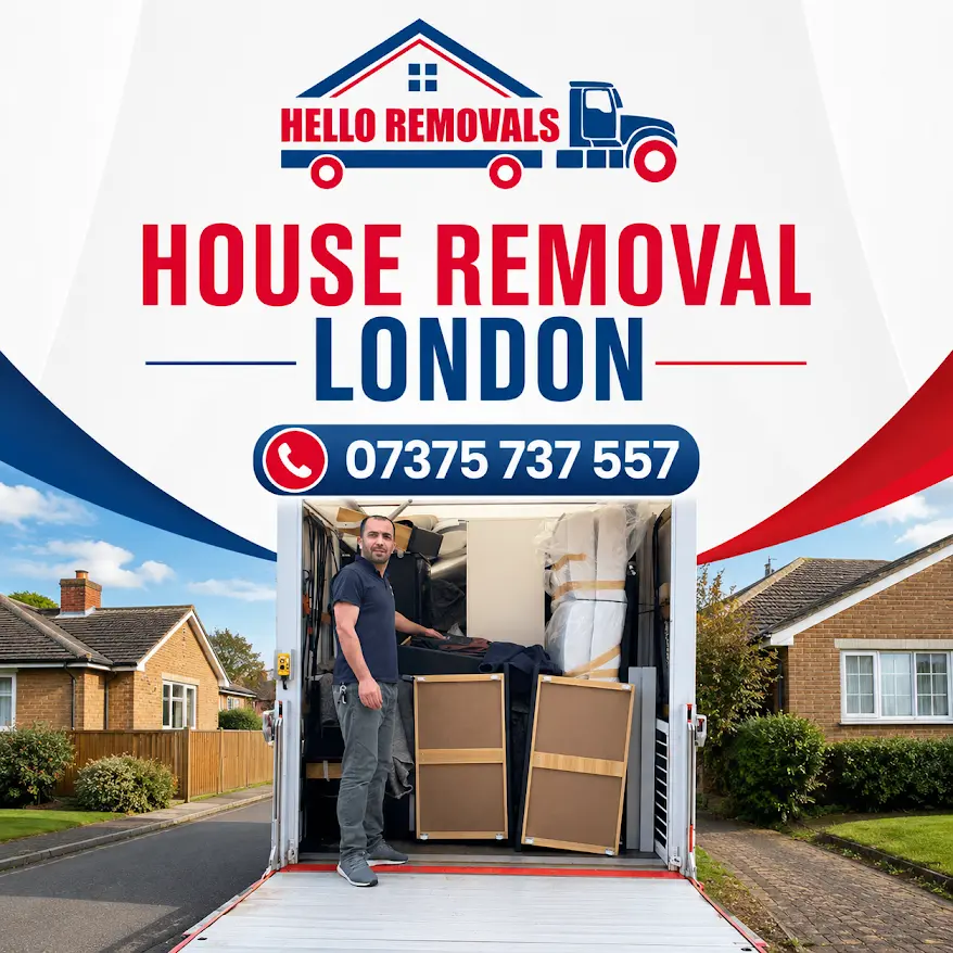 Hello Removals house removal van with mover loading furniture outside London homes. Trusted service.