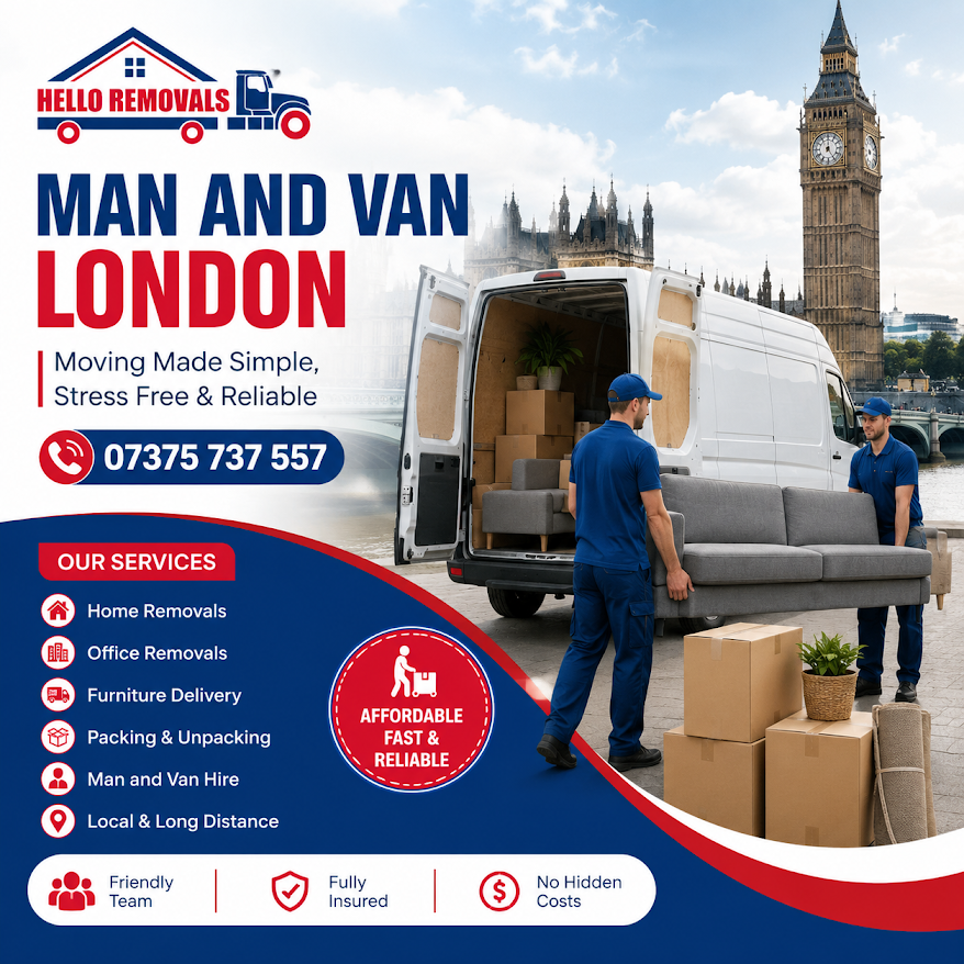 Hello Removals man and van London with furniture moving, home removals, packing and local transport.