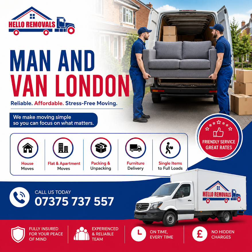 Hello Removals man and van London service with sofa loading, house moves, packing and insured removals.