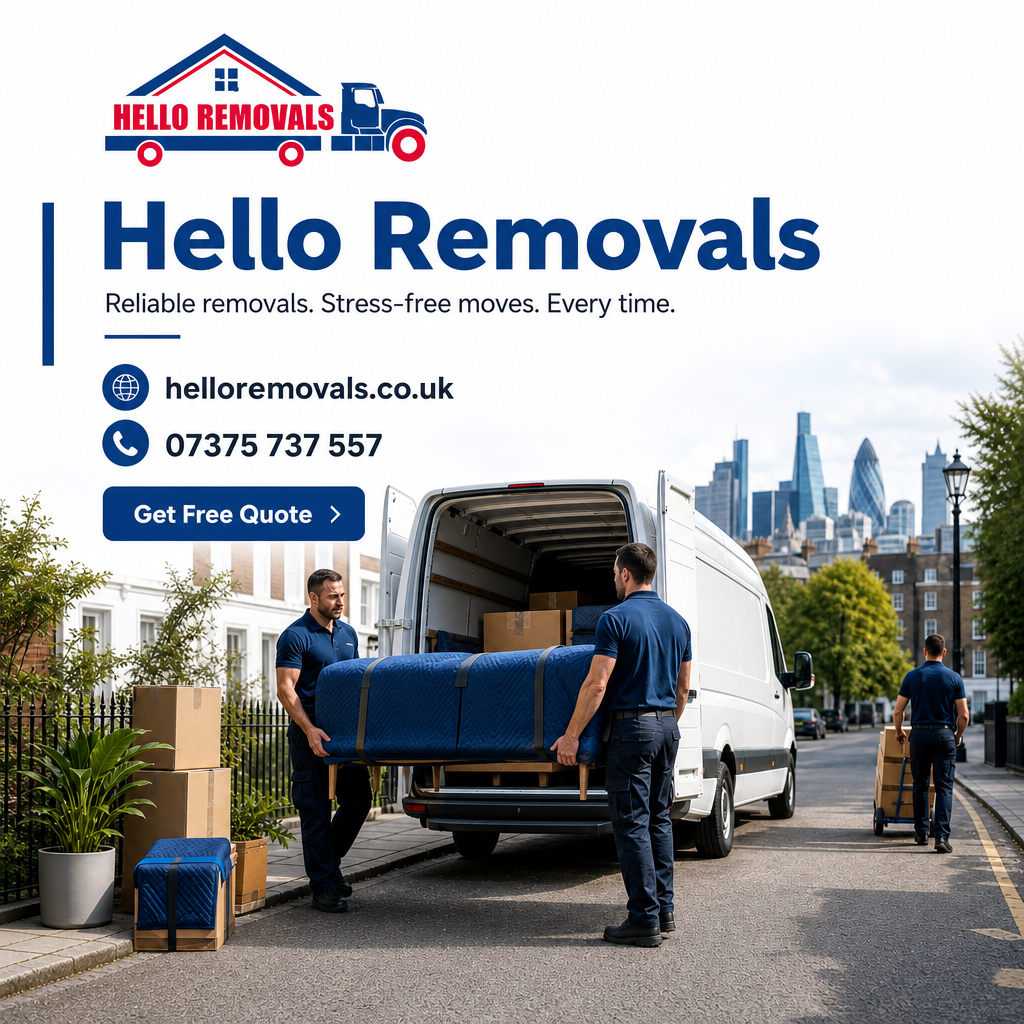 Modern branded graphic featuring moving boxes and a removal van, highlighting the Man and Van London guide for home and business relocations.