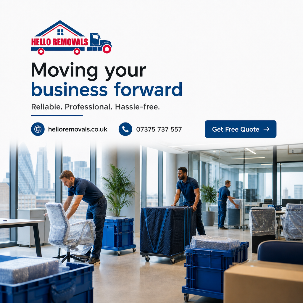 Modern office workspace with packed moving boxes and organised desks, representing office removals in London and business relocation planning.