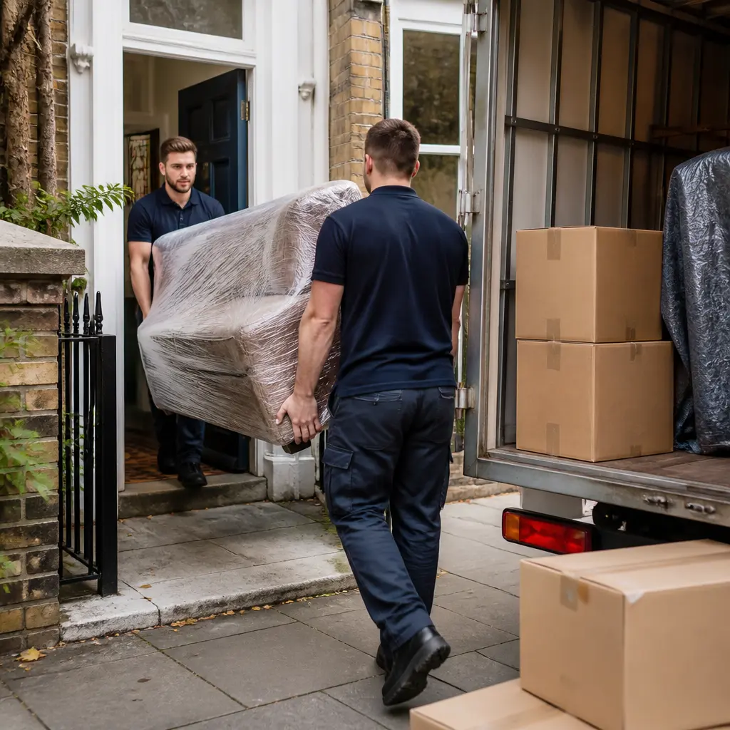 Movers carrying wrapped furniture during a home removal