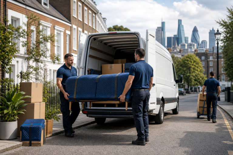 Professional man and van team loading a removals van in London.