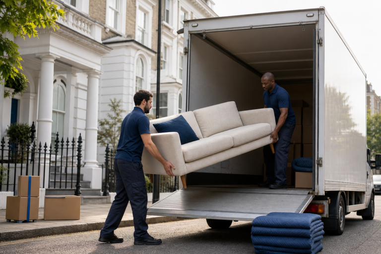 Professional man and van team loading furniture during a move in London