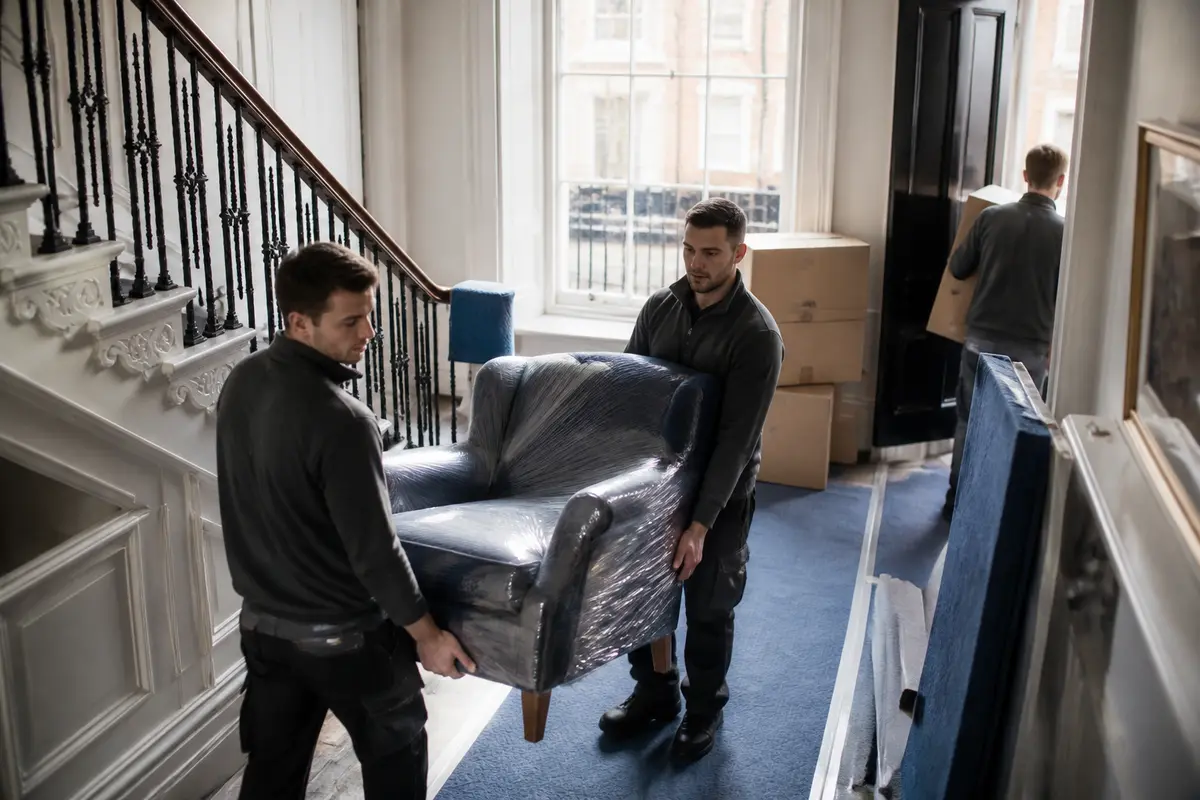 Removal team planning safe loading outside a London home