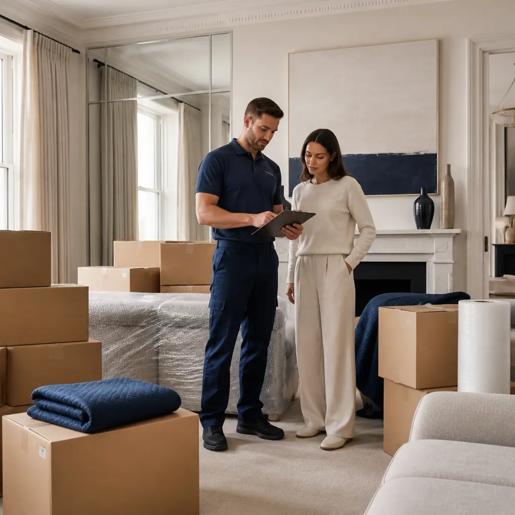 Home removal planning with packed belongings in a Chelsea property