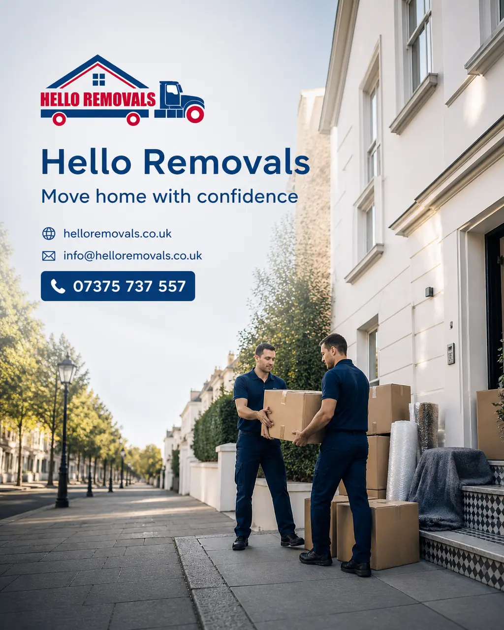 Minimal modern moving-themed graphic for a London house move with Hello Removals branding