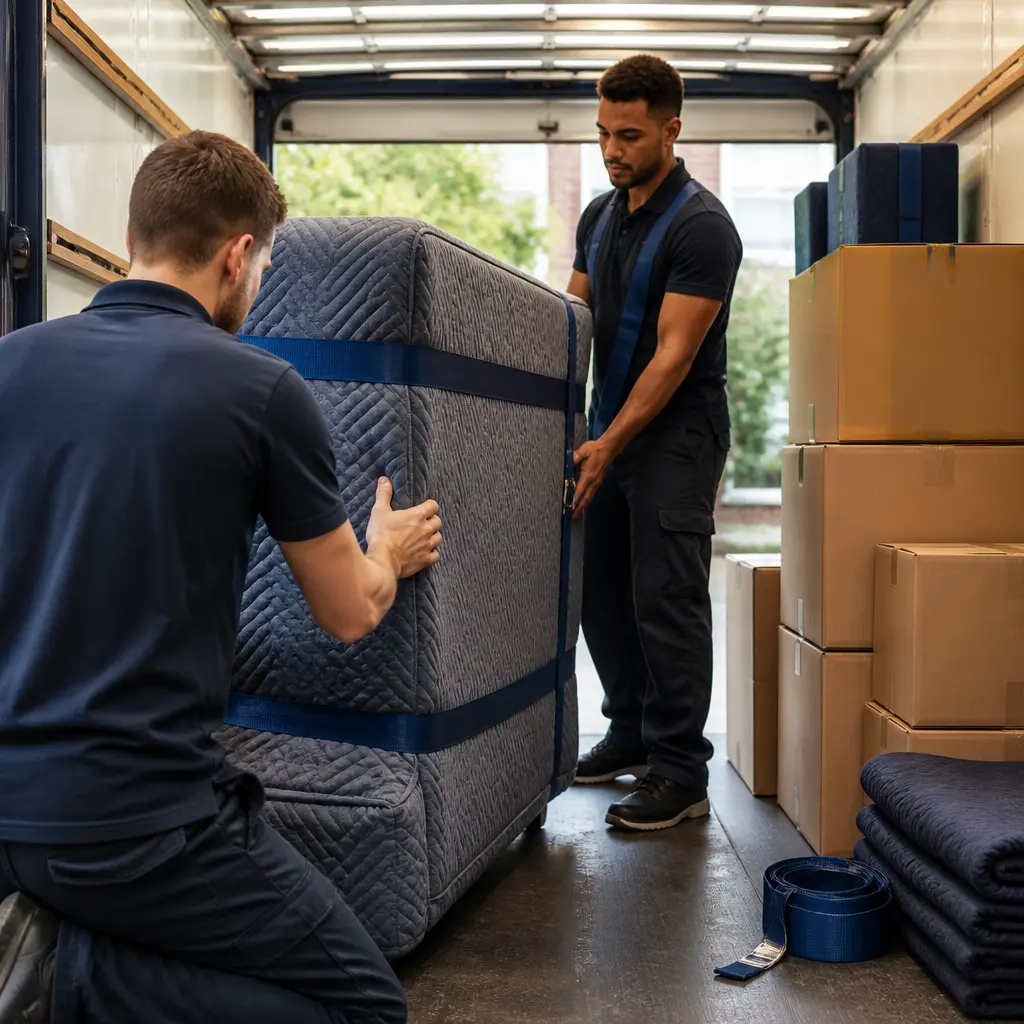 Movers loading protected household furniture into a removal vehicle