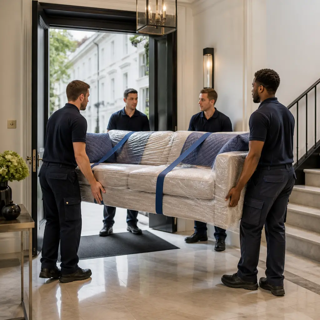 Movers carrying protected furniture during a house removal in Chelsea