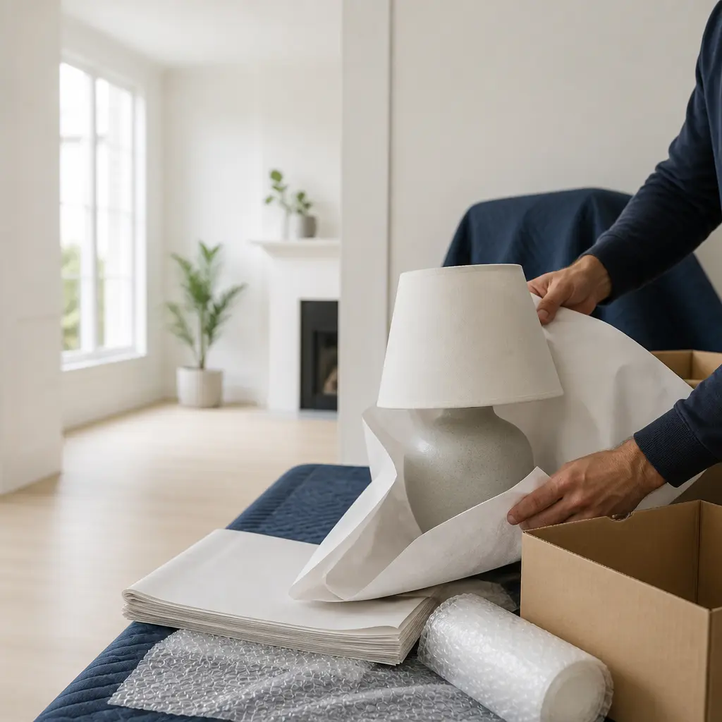 Protective packing of household belongings before a removal