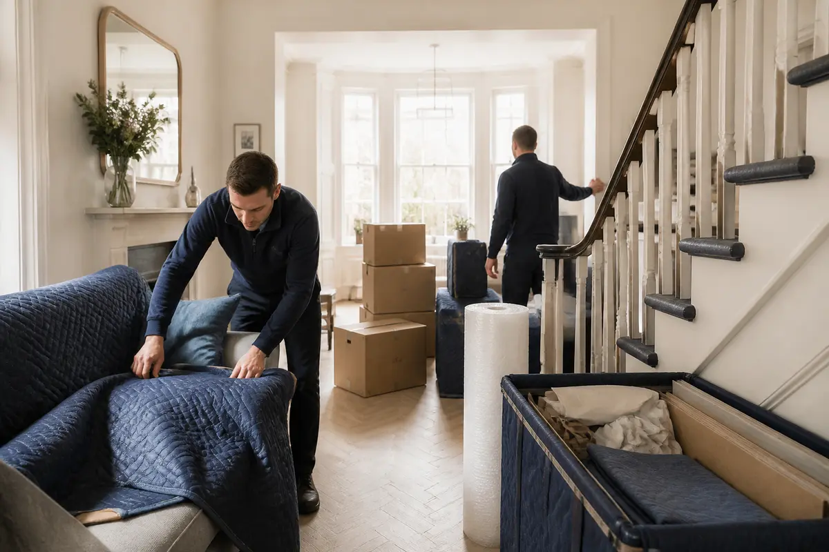 Removal team protecting a large sofa before loading