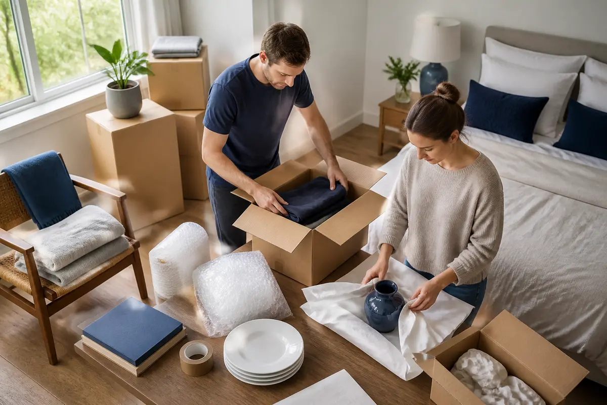 Clearly labelled moving boxes arranged by room near a hallway