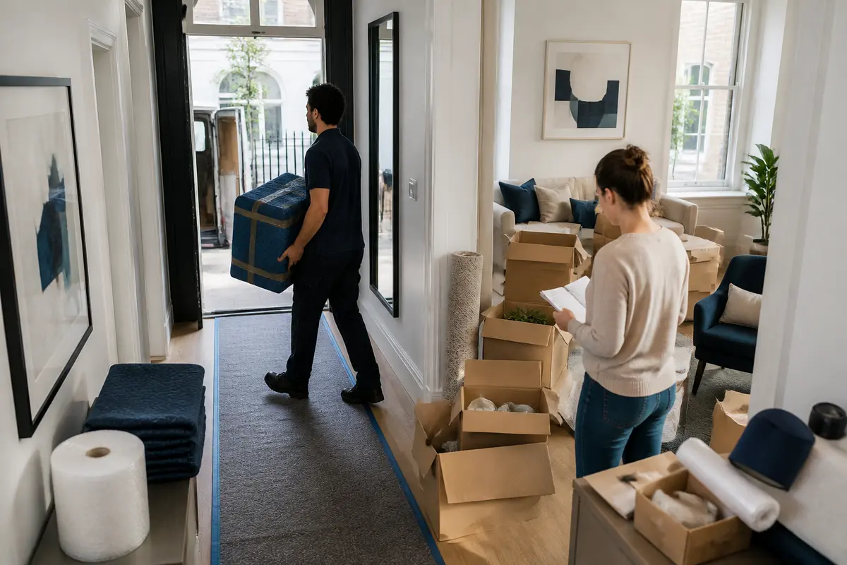 Moving checklist, sealed boxes and home keys prepared for removal day