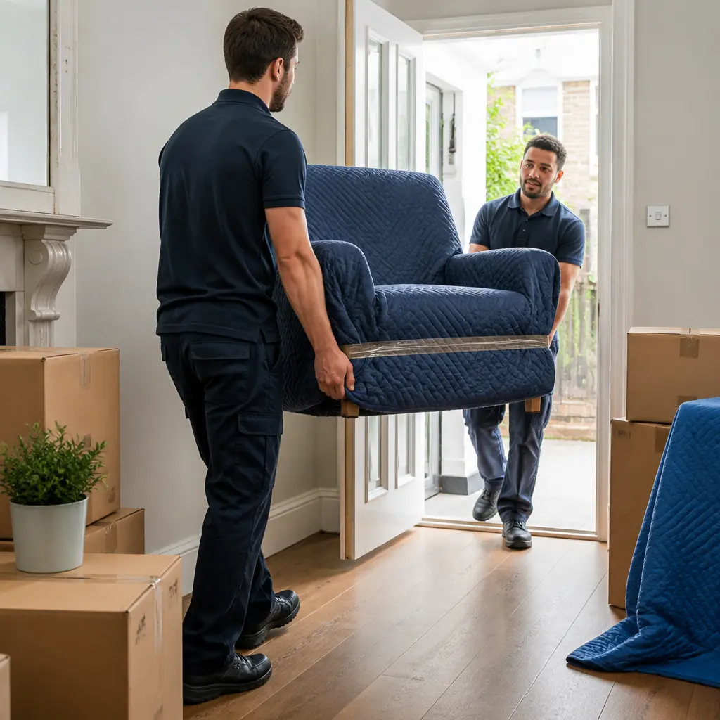 Movers carrying protected furniture during a residential move in London