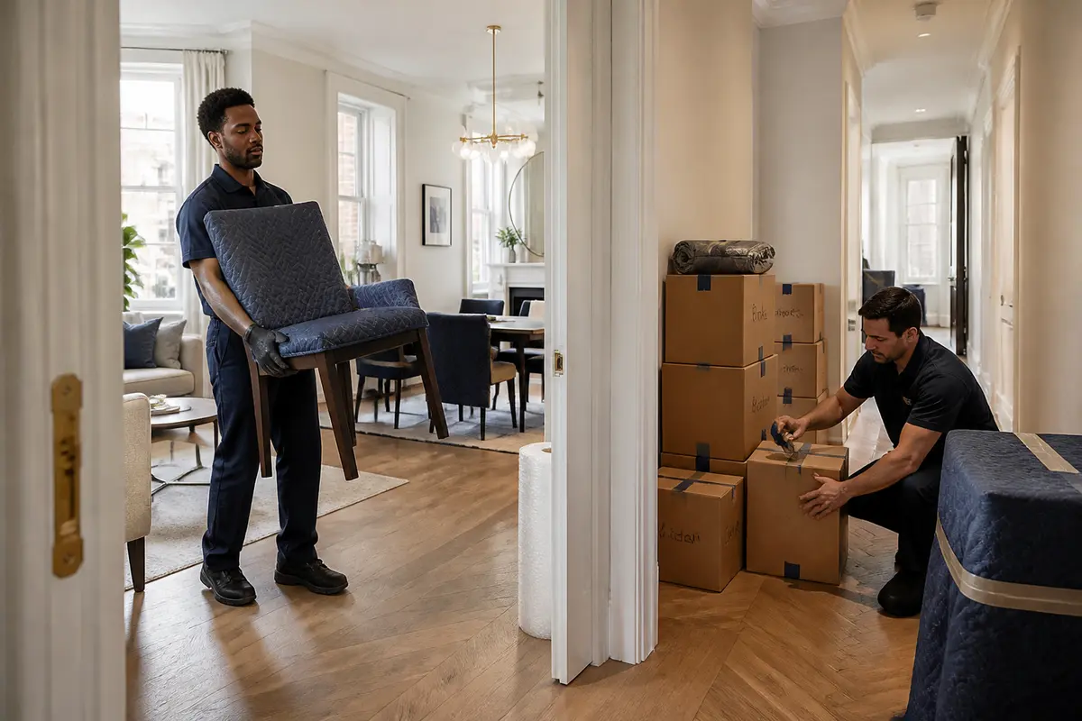 Removal van positioned near a London apartment entrance with boxes ready to load